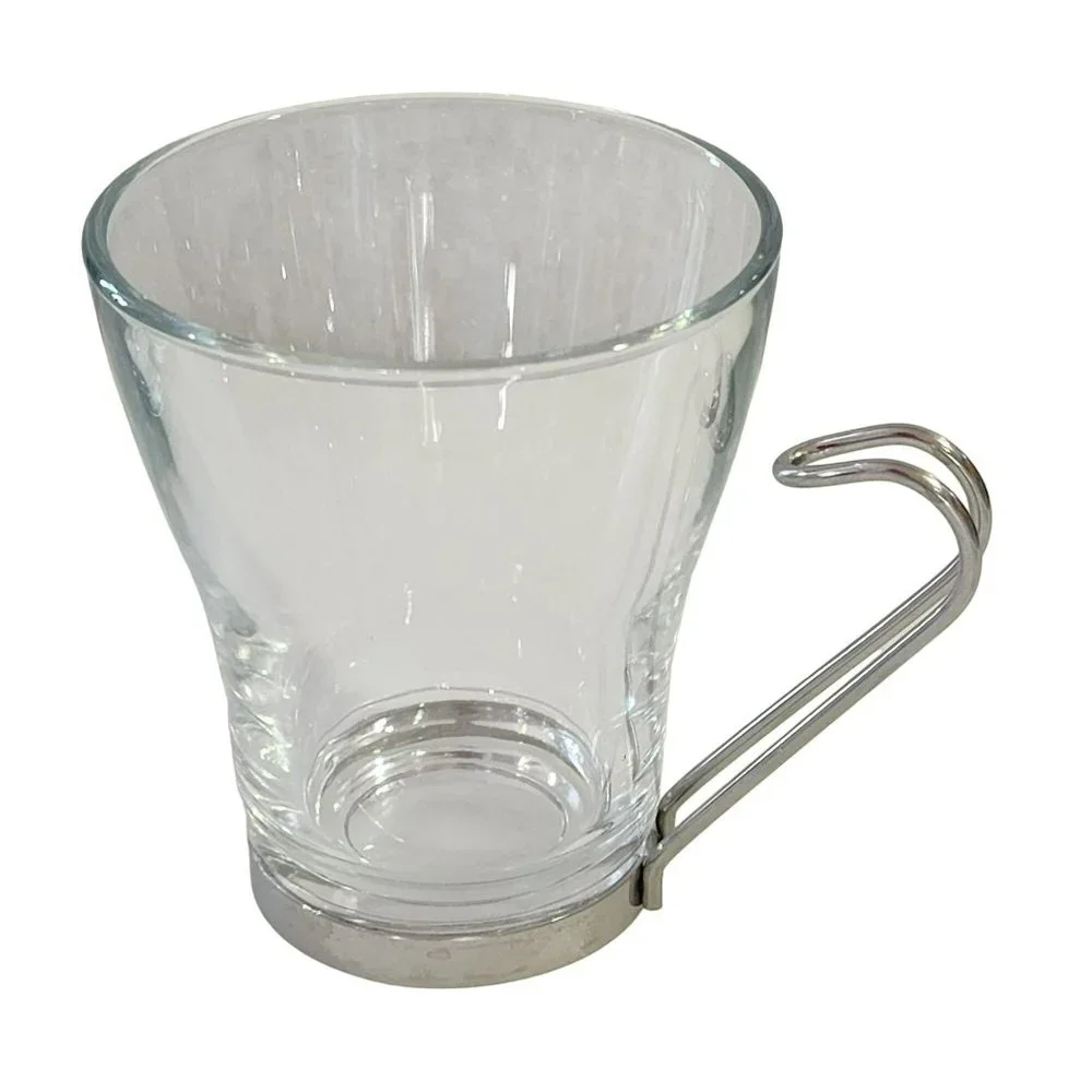 Vintage Clear Glass Cappuccino Expresso Tea Cup Coffee Mug Set of 7 Metal Handle